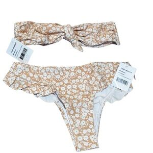 Lost + Wander Daisy Ruffle Bikini Set in Beige and White